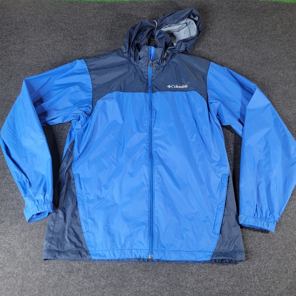 Columbia Windbreaker Jacket Mens Medium Blue Packable Hood Long Sleeve Full Zip